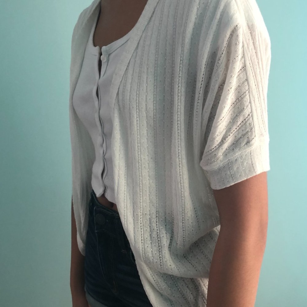 White Short-Sleeve Open Cardigan